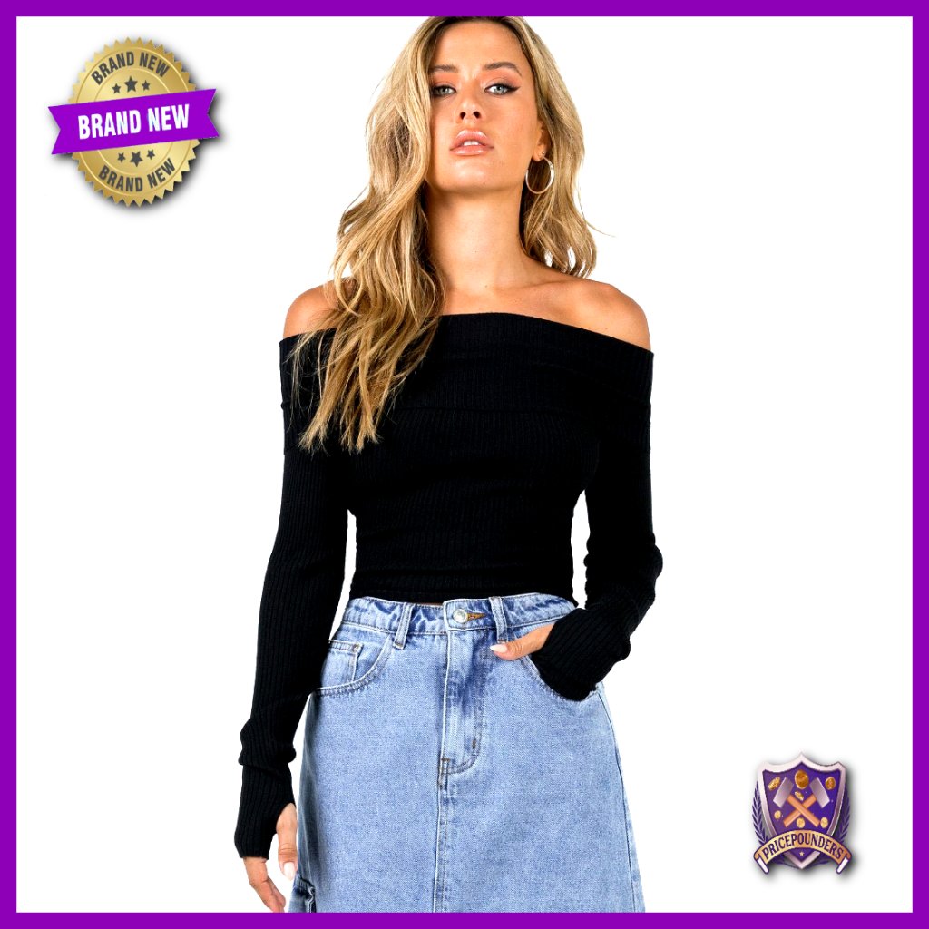 Off Shoulder Long Sleeve Ribbed Sweater Slim Fit Stretch Pullover
